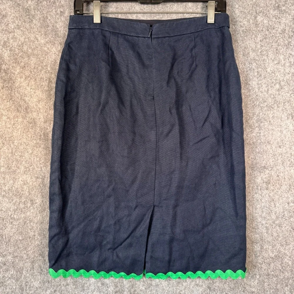 J Crew Linen Pencil Knee Skirt Size 4 Navy Blue Ric-Rac Trim Twee Preppy